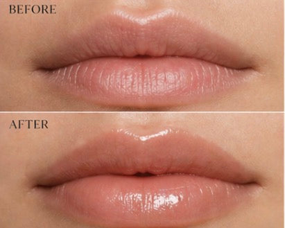 Before and after comparison of lips with a cosmetic product applied.