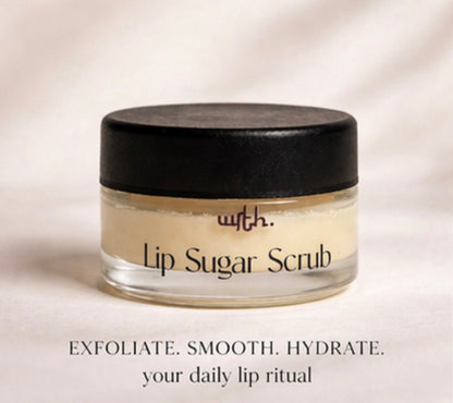 Jar of lip sugar scrub with a black lid on a light background
