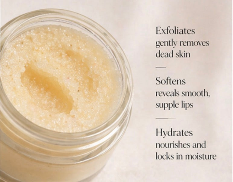 Jar of lip scrub with text describing its benefits on a light background