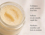 Jar of lip scrub with text describing its benefits on a light background