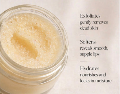 Jar of lip scrub with text describing its benefits on a light background