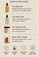 Product list with images and descriptions of body oil, mist, scrub, and candle on a beige background.