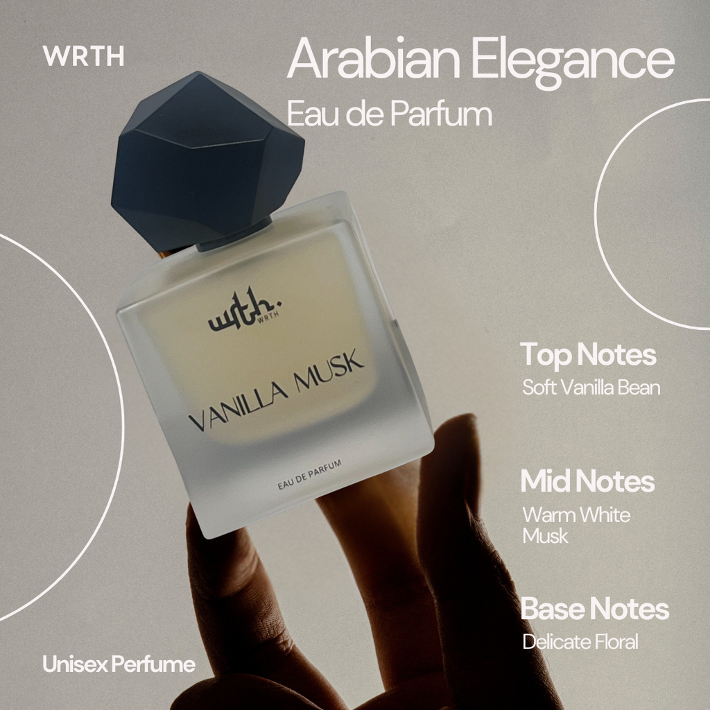 WRTH Arabian Elegance Vanilla Musk perfume bottle held by a hand against a gray background