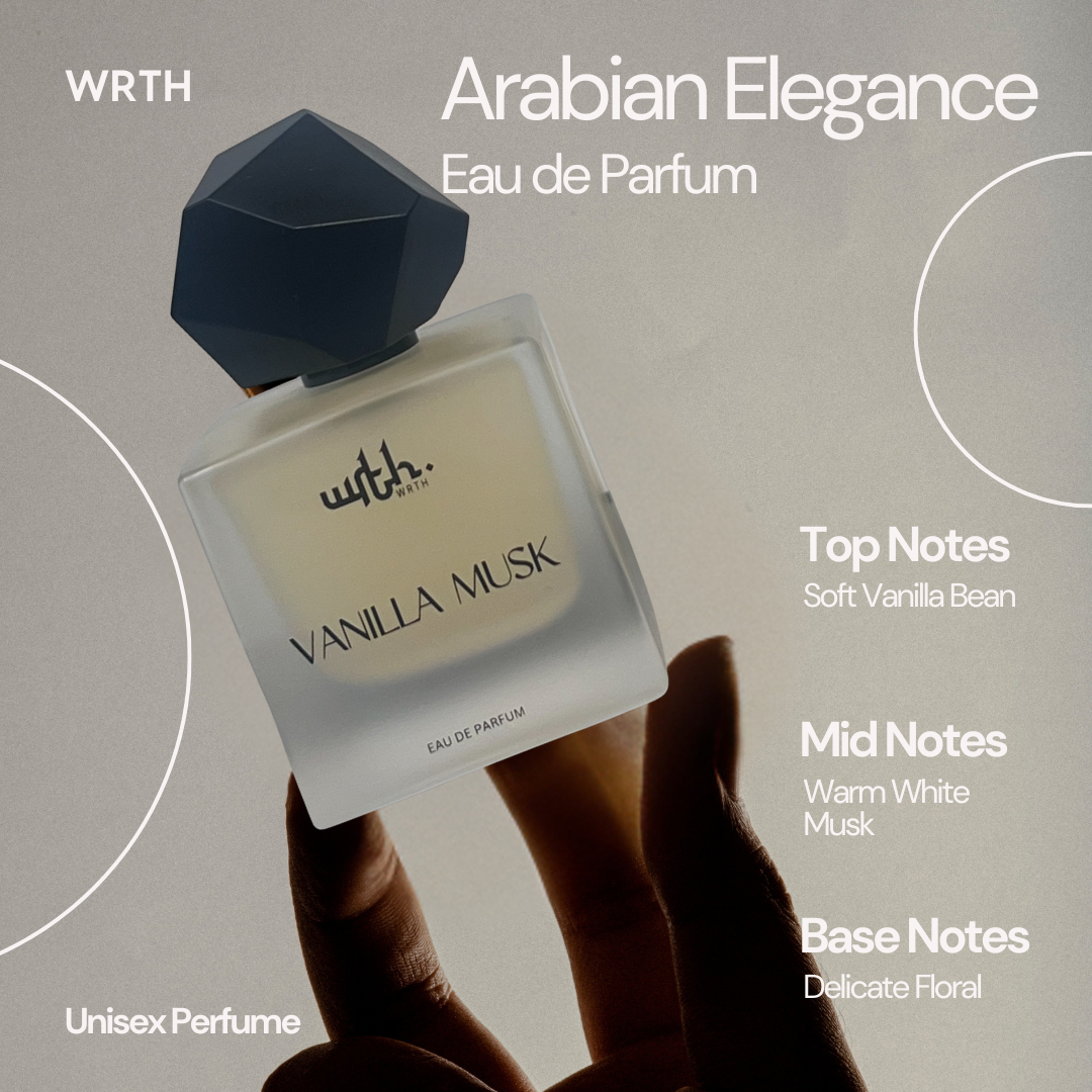 WRTH Arabian Elegance Vanilla Musk perfume bottle held by a hand against a gray background