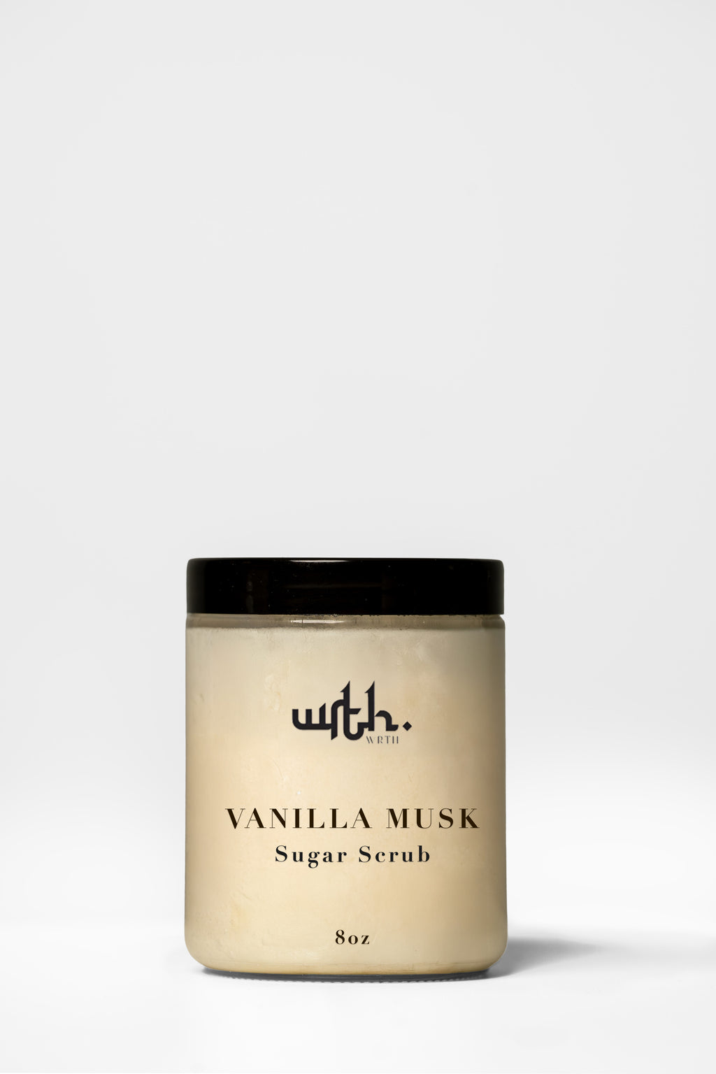 Vanilla Musk sugar scrub jar with black lid on a white background