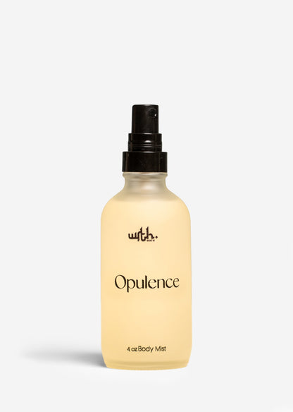 Opulence 4 oz body mist in frosted glass spray bottle with black cap by Wrth Studio