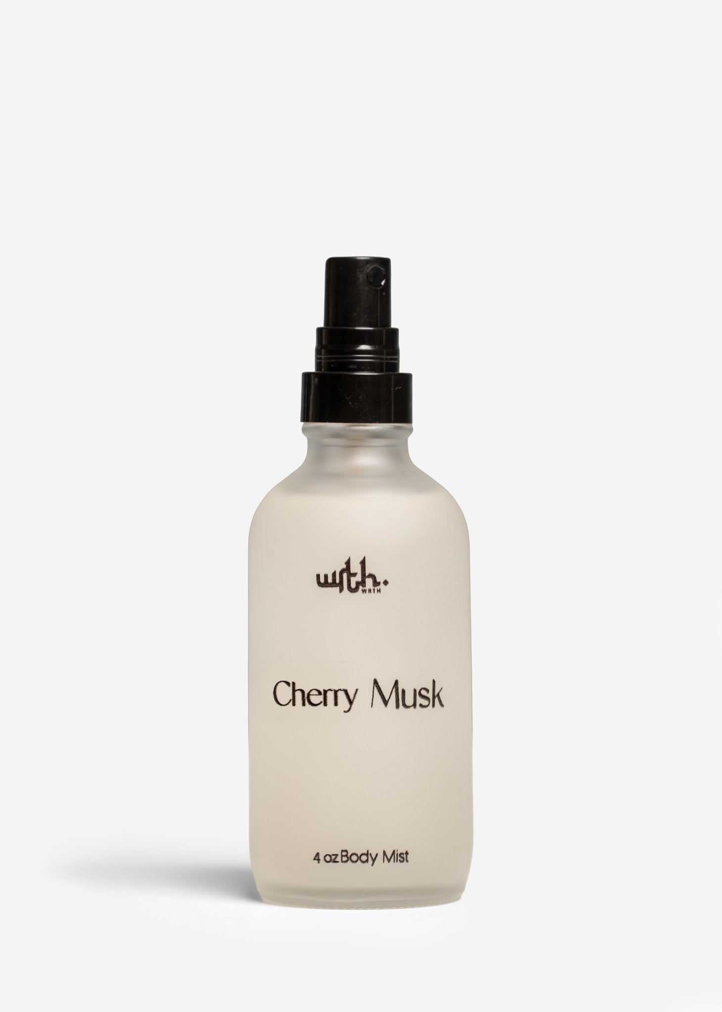 4 oz frosted glass bottle of WRTH Cherry Musk body mist with black spray nozzle on white background