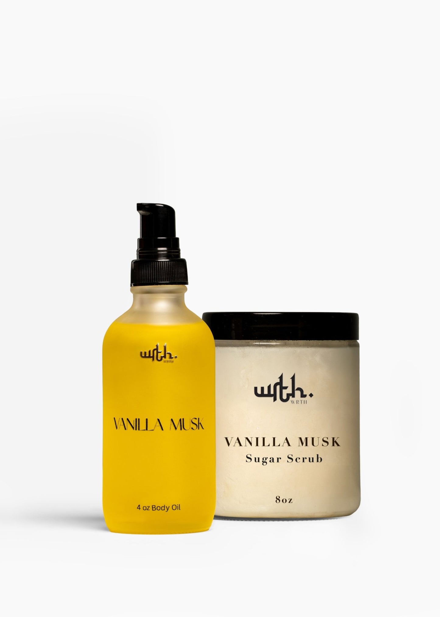 WRTH.Studio Vanilla Musk 4oz body oil bottle and 8oz sugar scrub jar set on white background