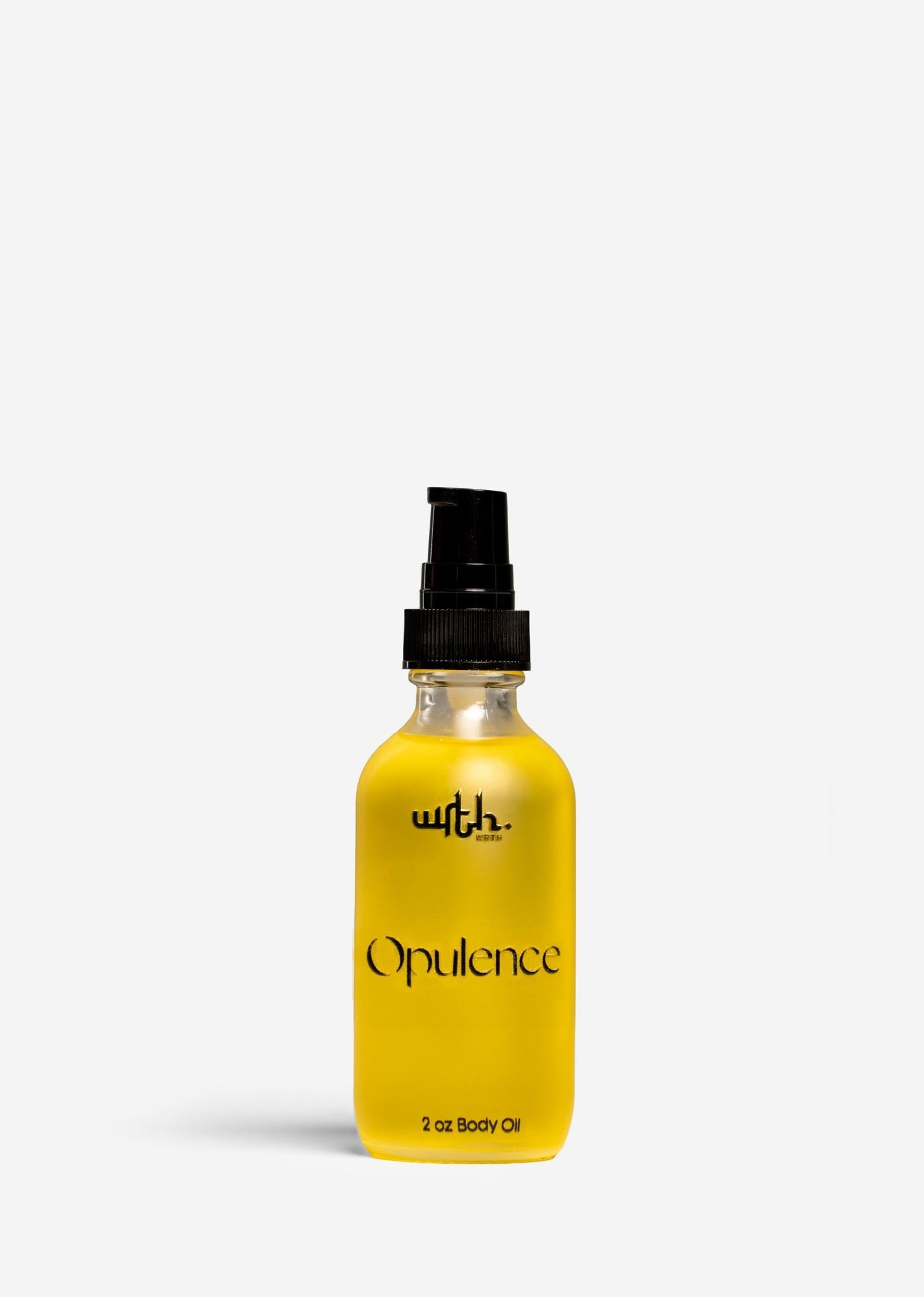 WRTH Opulence 2 oz body oil bottle with black pump on white background