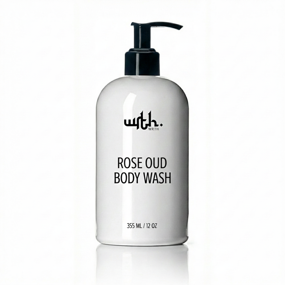White body wash bottle with black pump and 'with.' branding on a white background