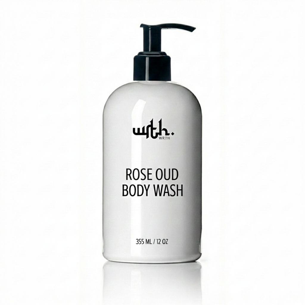 White body wash bottle with black pump and 'with.' branding on a white background