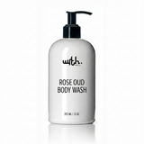 White body wash bottle with black pump and 'with.' branding on a white background