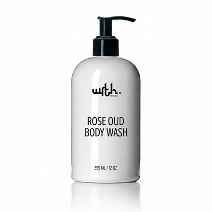 White body wash bottle with black pump and 'with.' branding on a white background