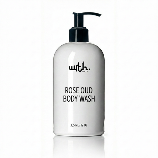 White body wash bottle with black pump and 'with.' branding on a white background