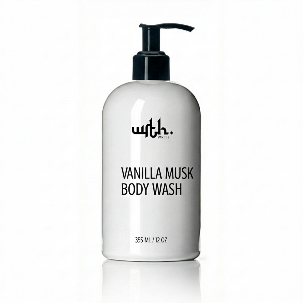 White body wash bottle with black pump labeled 'Vanilla Musk' on a white background