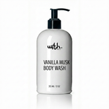 White body wash bottle with black pump labeled 'Vanilla Musk' on a white background
