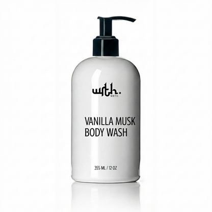White body wash bottle with black pump labeled 'Vanilla Musk' on a white background