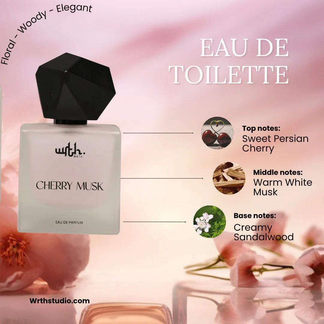 Cherry Musk Eau de Parfum by Wrth with black geometric cap on pink floral background, featuring sweet Persian cherry, warm white musk, creamy sandalwood notes