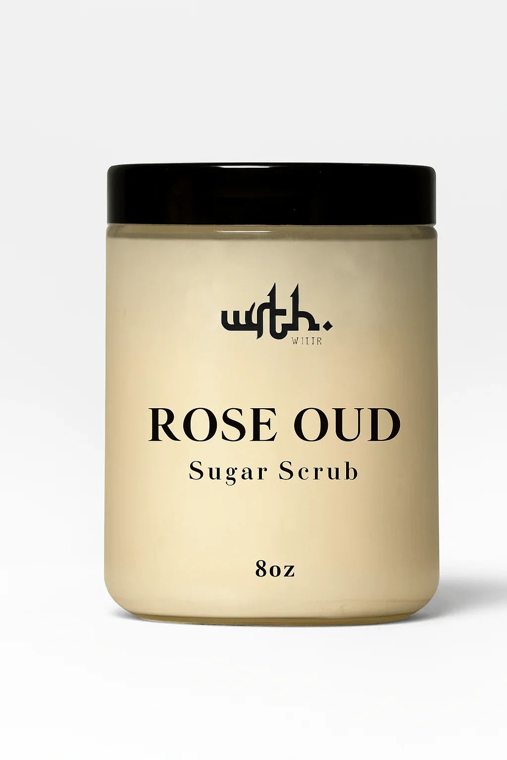 WRTH Studio Rose Oud sugar scrub in beige jar with black lid, 8oz luxury body exfoliant