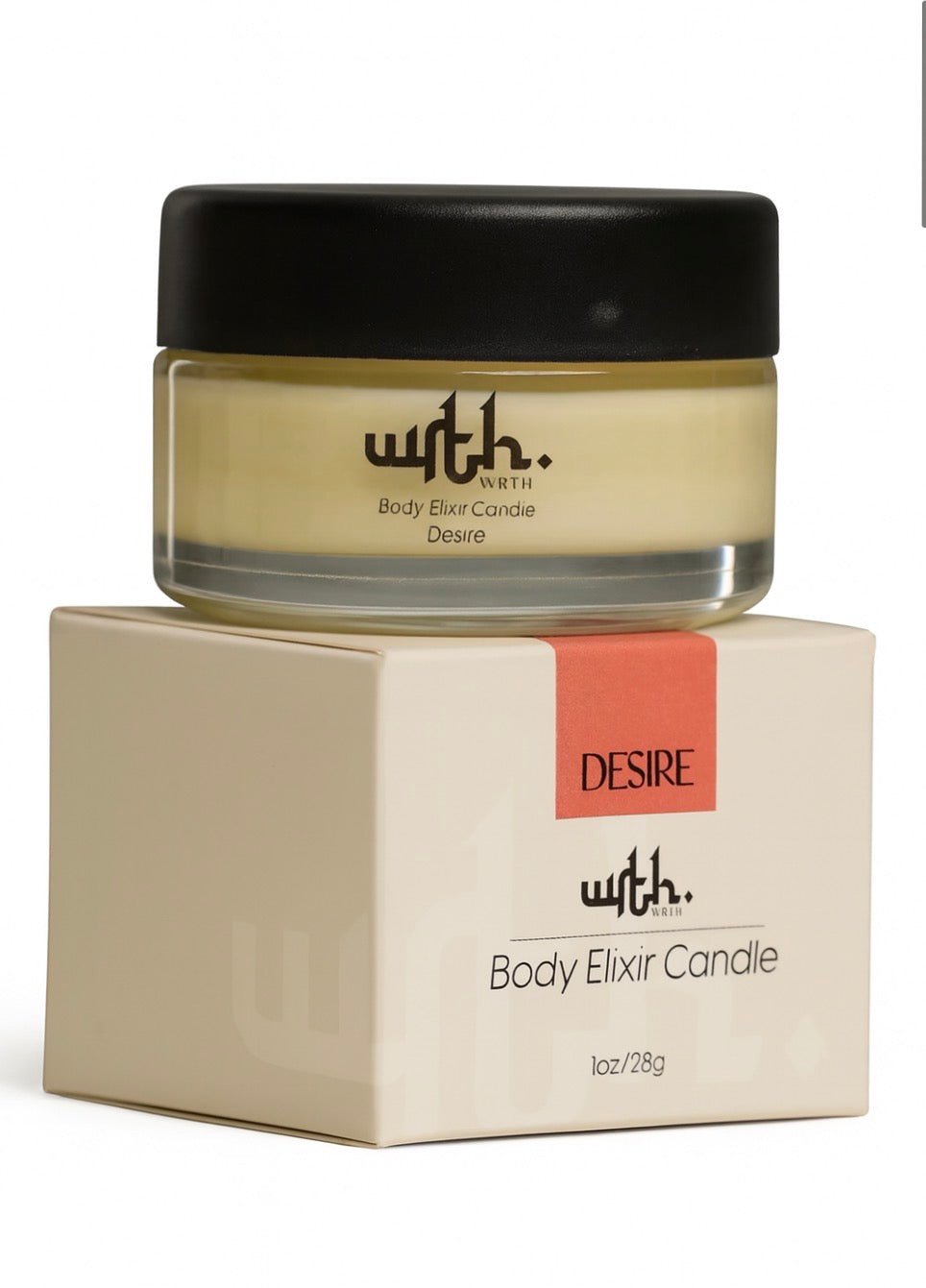WRTH Studio Desire Body Elixir Candle in clear glass jar with black lid on cream box packaging