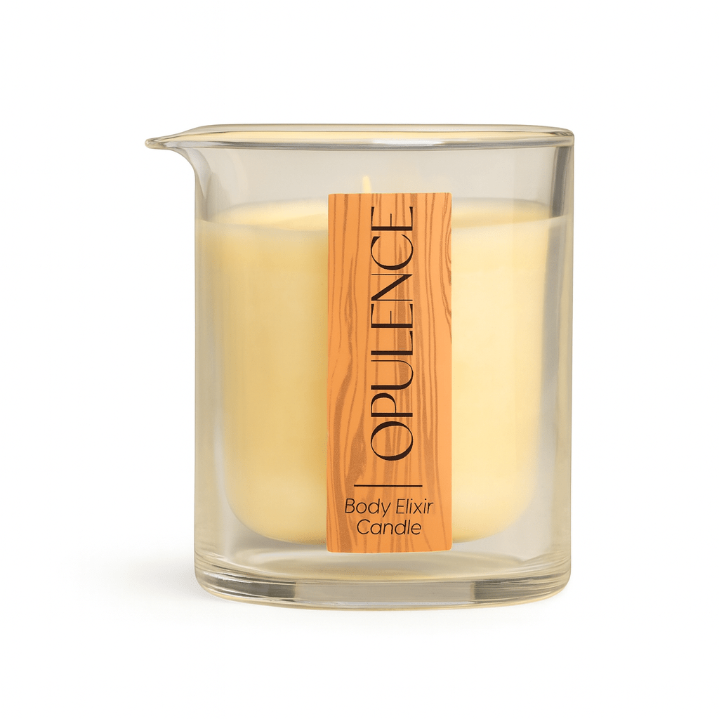 Opulence Body Elixir Candle in clear glass container with wooden textured label, lit wick