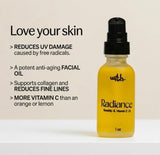 Radiance Rosehip and Vitamin E Oil bottle on white surface with text highlighting UV protection, anti-aging, collagen support, and high vitamin C