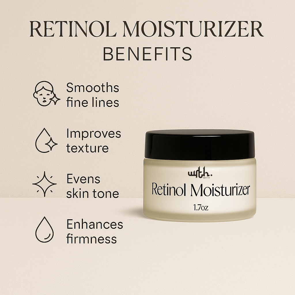 WRTH Retinol Moisturizer jar with benefits list: smooths fine lines, improves texture, evens skin tone, enhances firmness