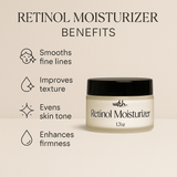 WRTH Retinol Moisturizer jar with benefits list: smooths fine lines, improves texture, evens skin tone, enhances firmness