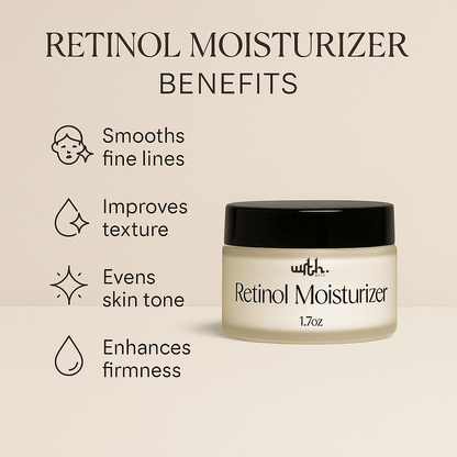 WRTH Retinol Moisturizer jar with benefits list: smooths fine lines, improves texture, evens skin tone, enhances firmness