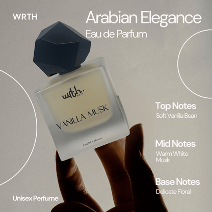 Hand holding WRTH Vanilla Musk unisex luxury perfume bottle with Arabian Elegance scent notes